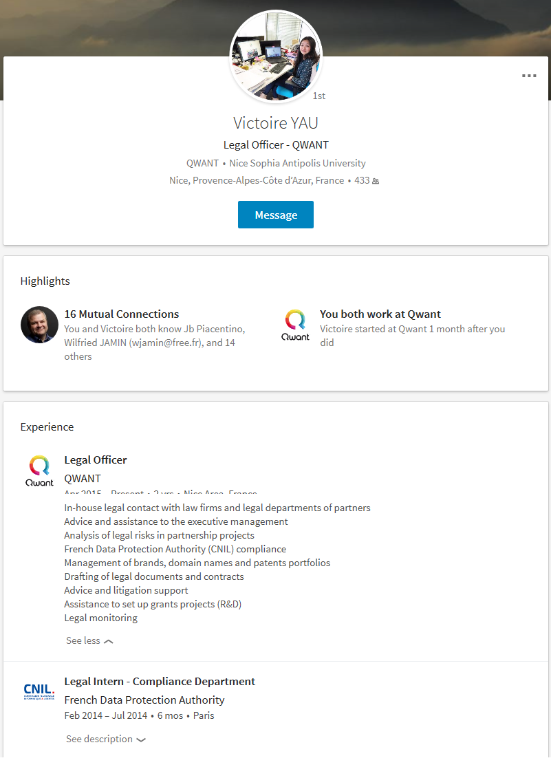 Profil professionnel de Victoire Yau, Legal Officer de Qwant, mentionnant notamment la conformité CNIL et l'analyse des risques juridiques liés aux partenariats.